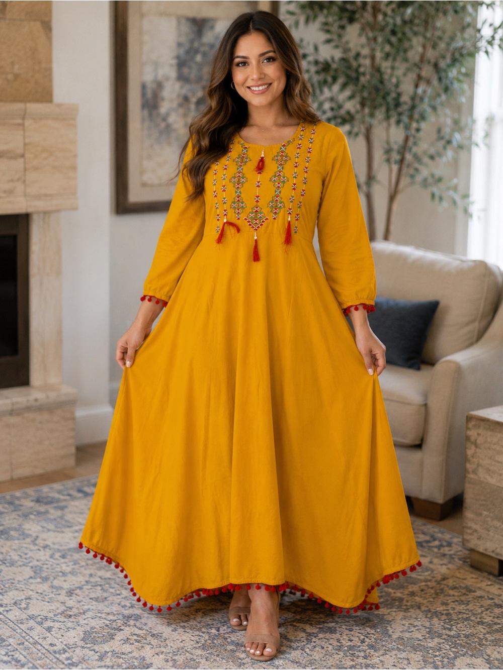 Vasant Apparel Embroidered Mustard Maxi Dress with Tassel Detail